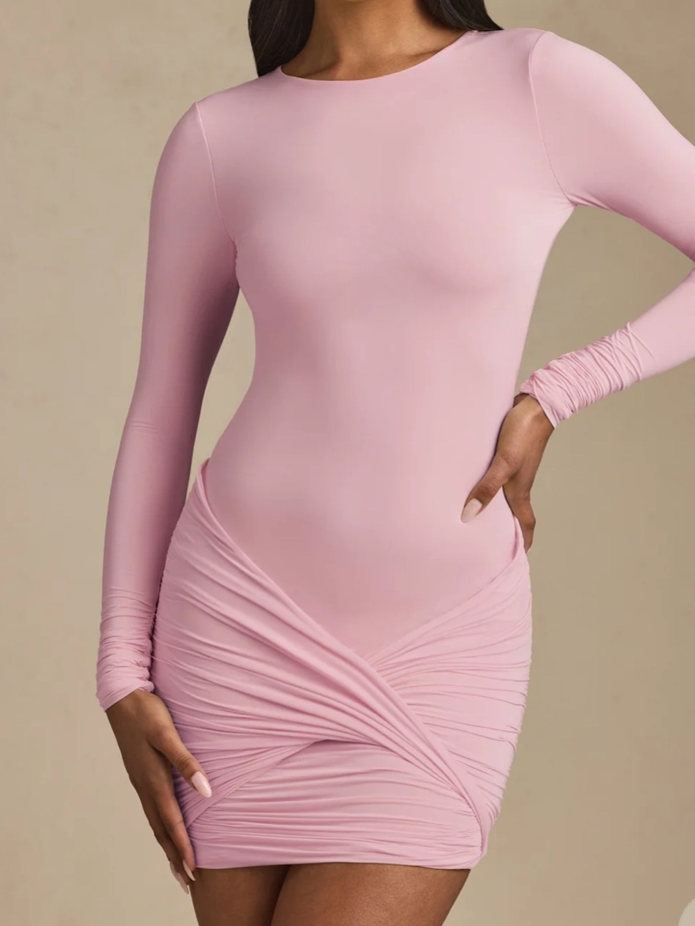 Oh Polly Pink Long Sleeve Ruched Mini Dress